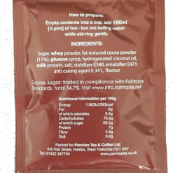 Pennine Luxury Fairtrade Hot Chocolate Flavoured Drink Sachets (100x25g) Fairtrade Chocolate Sachets